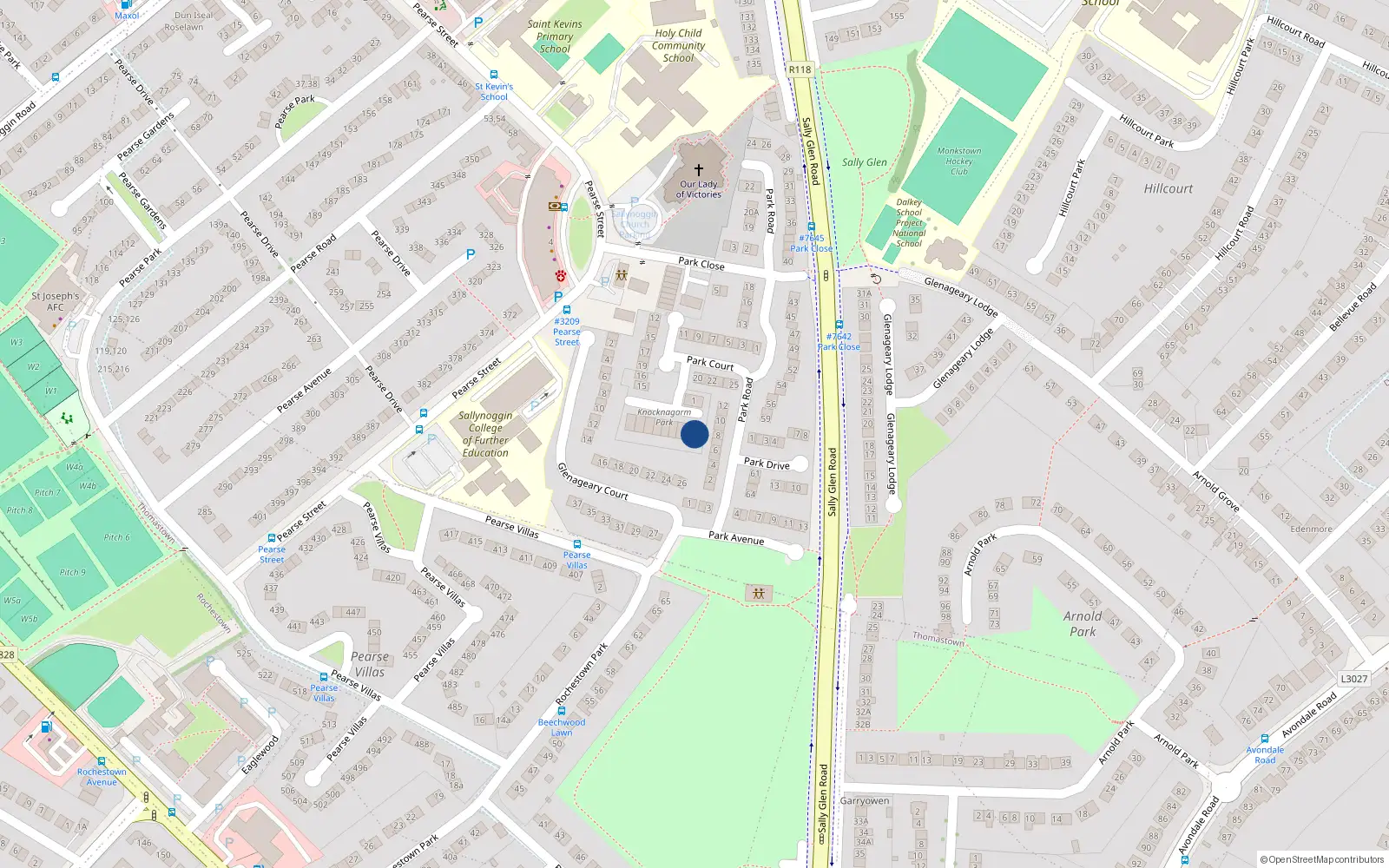 Overhead map showing the location of 2 Knocknagarm Park, Glenageary, Dublin