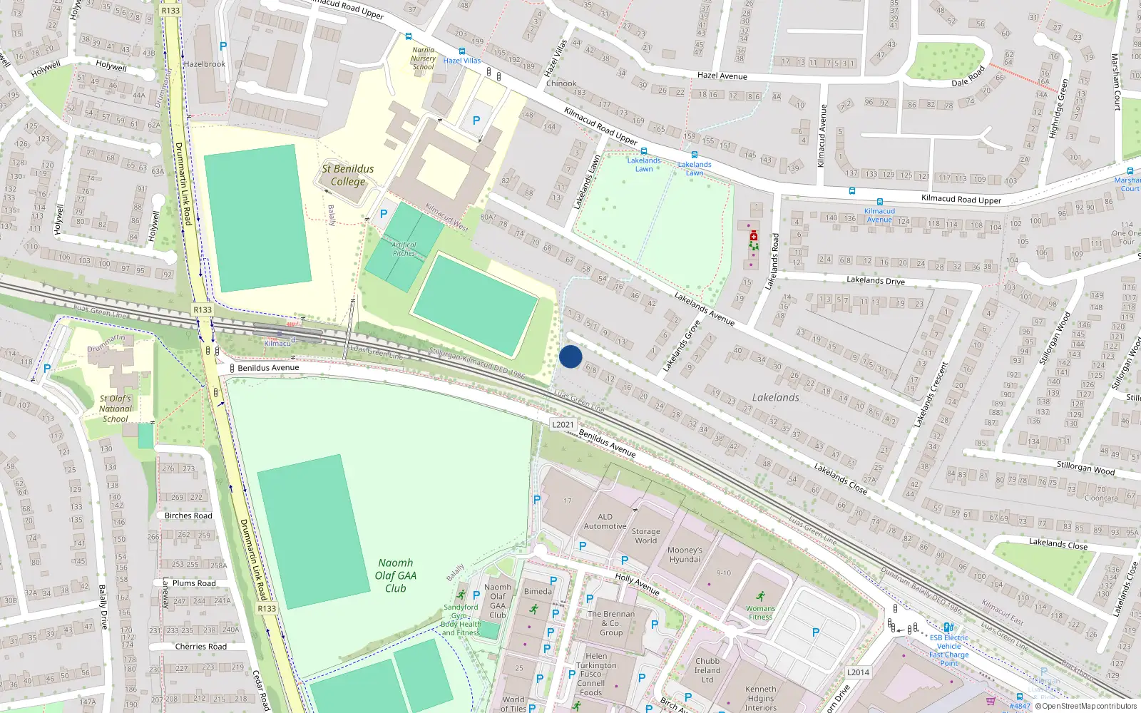 Overhead map showing the location of 2 Lakelands Close, Dublin
