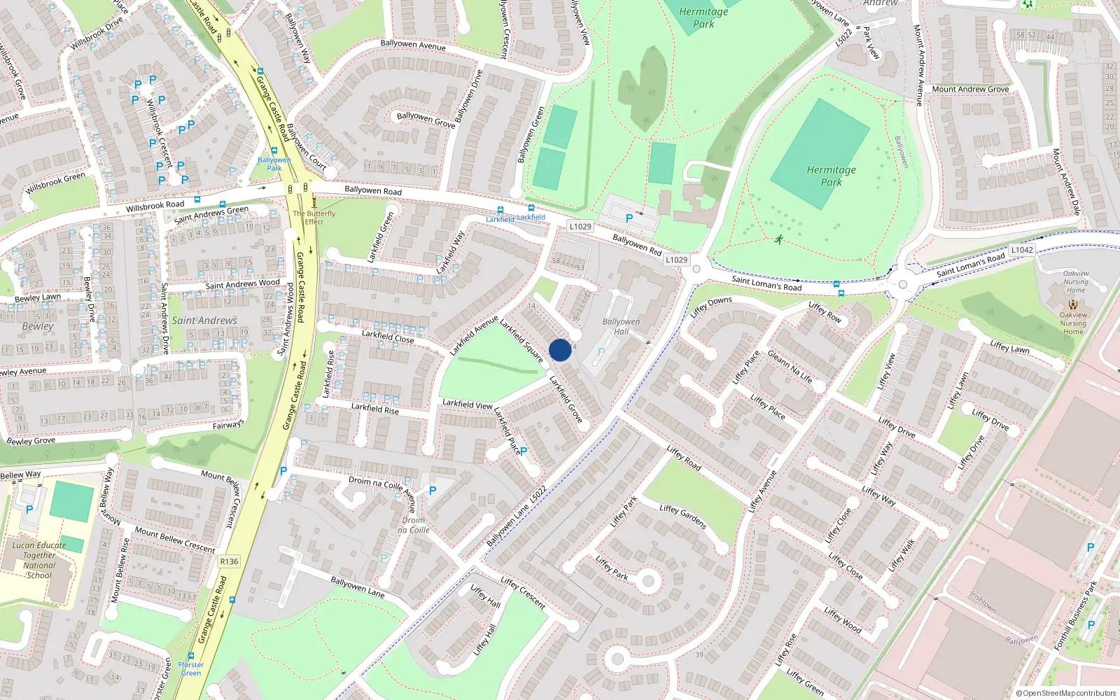 Overhead map showing the location of 2 Larkfield Square, Lucan, Dublin