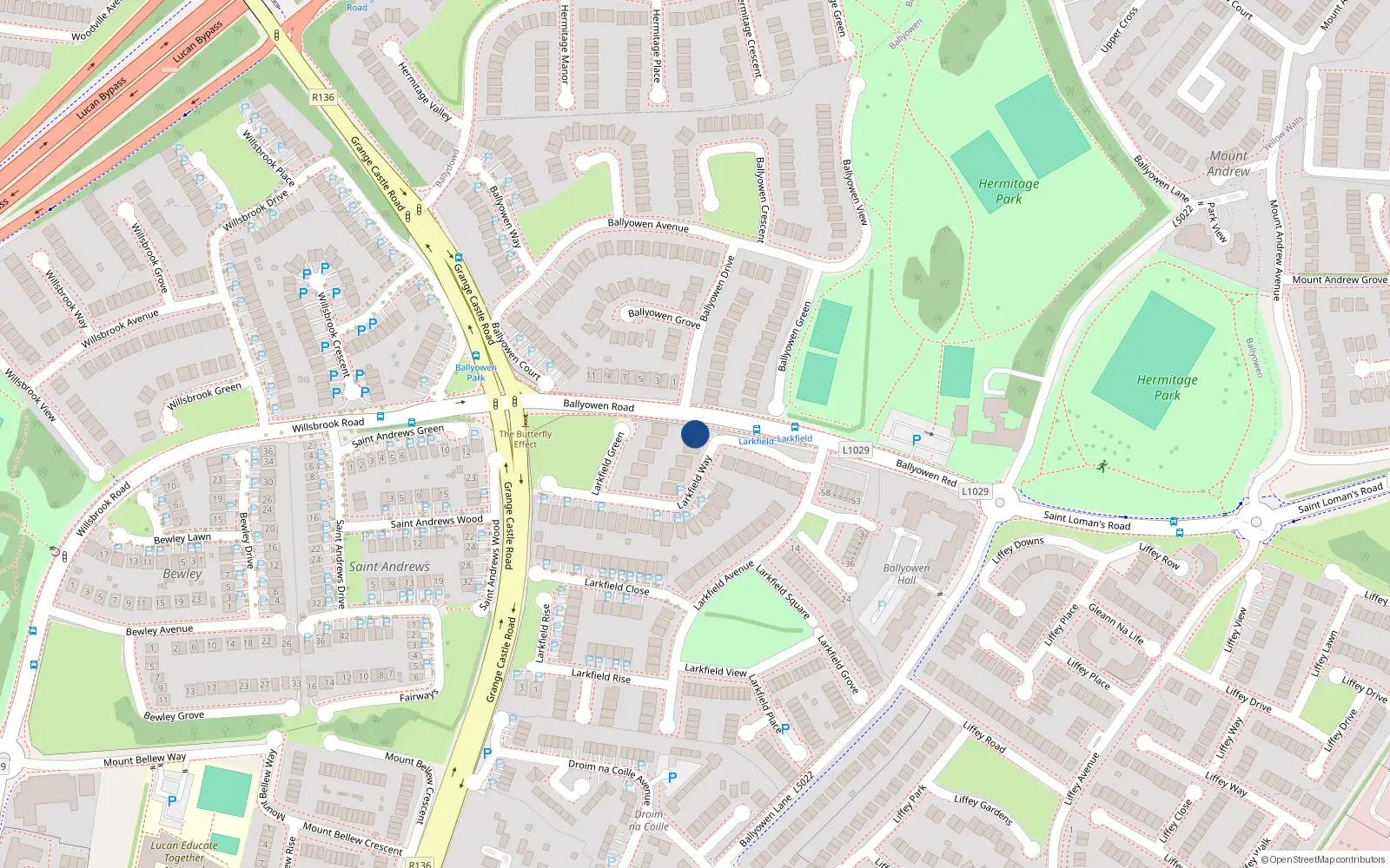Overhead map showing the location of 2 Larkfield Way, Lucan