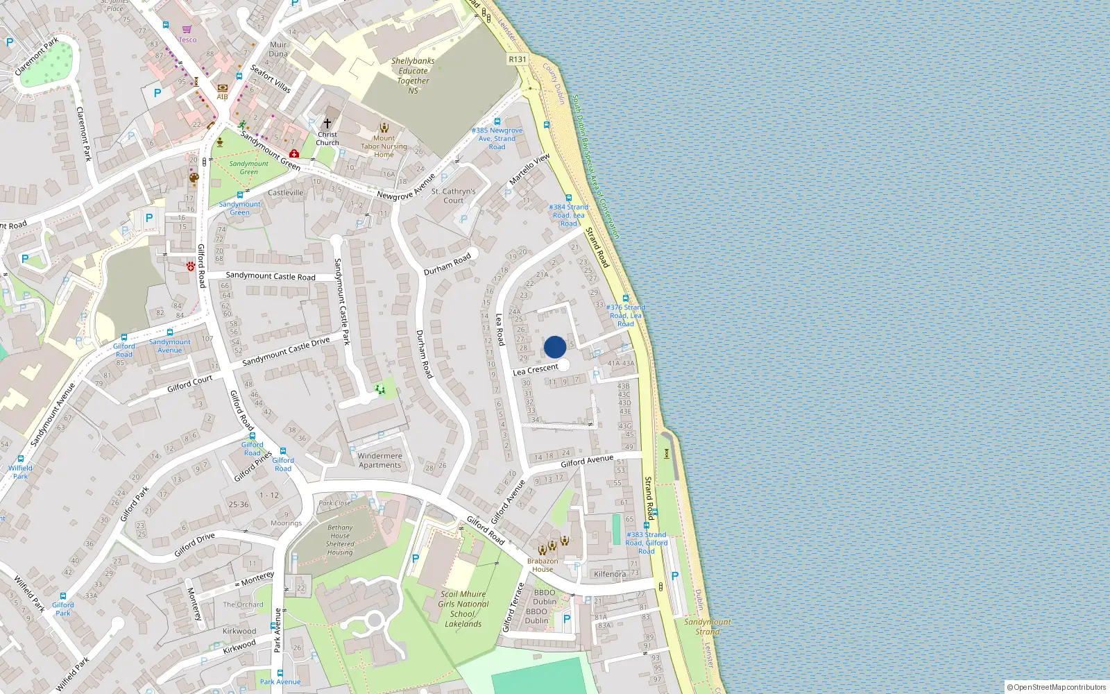 Overhead map showing the location of 2 Lea Crescent, Sandymount