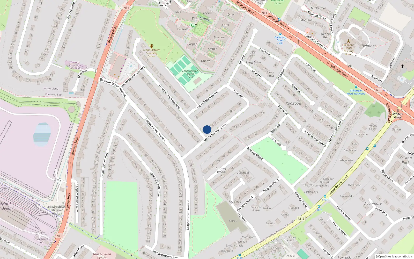 Overhead map showing the location of 2 Leopardstown Grove, Dublin