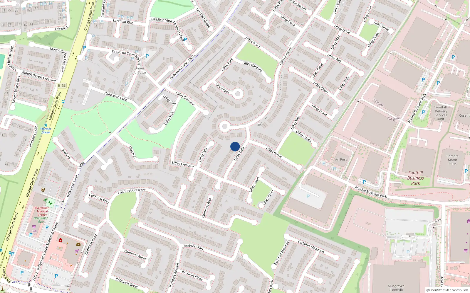Overhead map showing the location of 2 Liffey Dale, Lucan