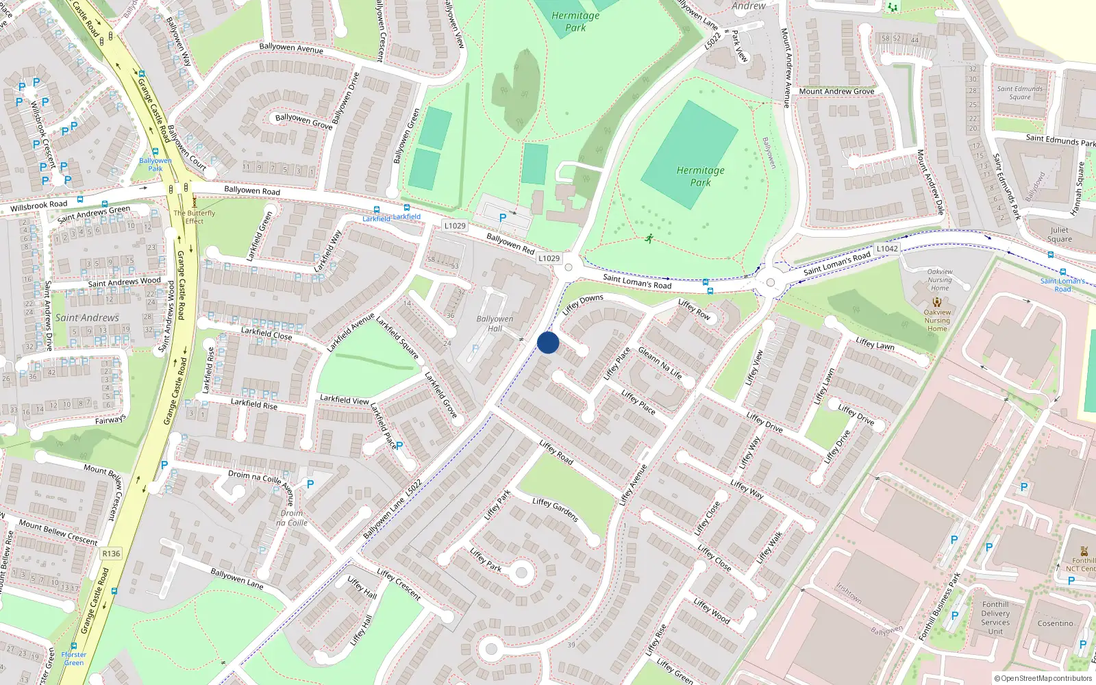 Overhead map showing the location of 2 Liffey Downs, Liffey Valley Park, Lucan