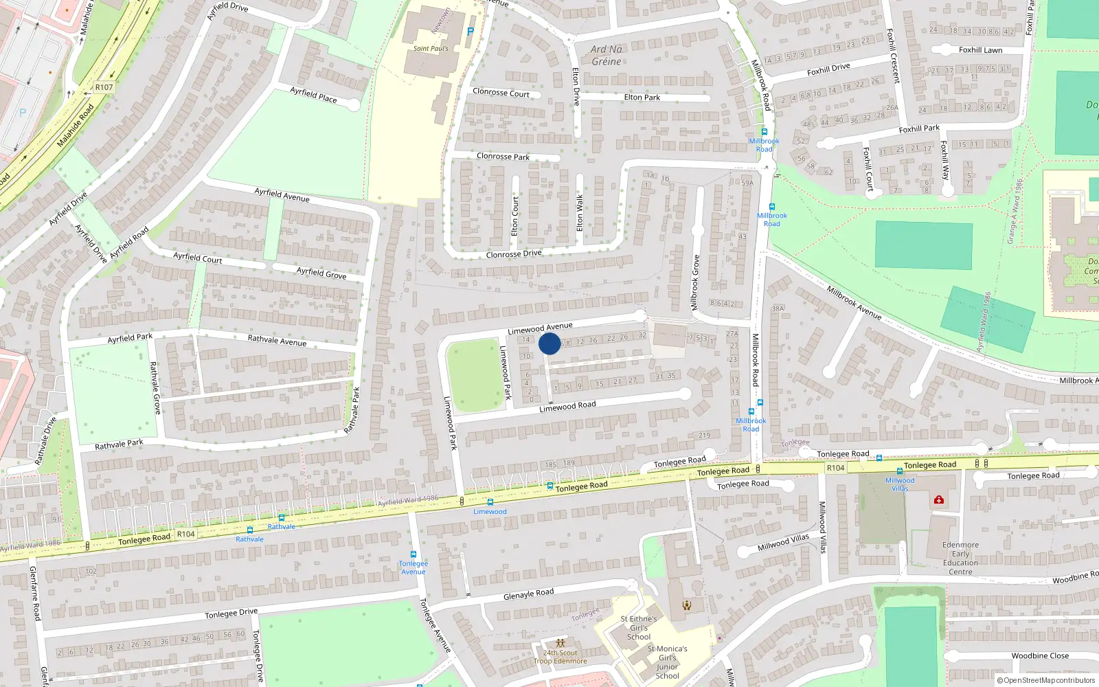 Overhead map showing the location of 2 Limewood Avenue, Dublin 5
