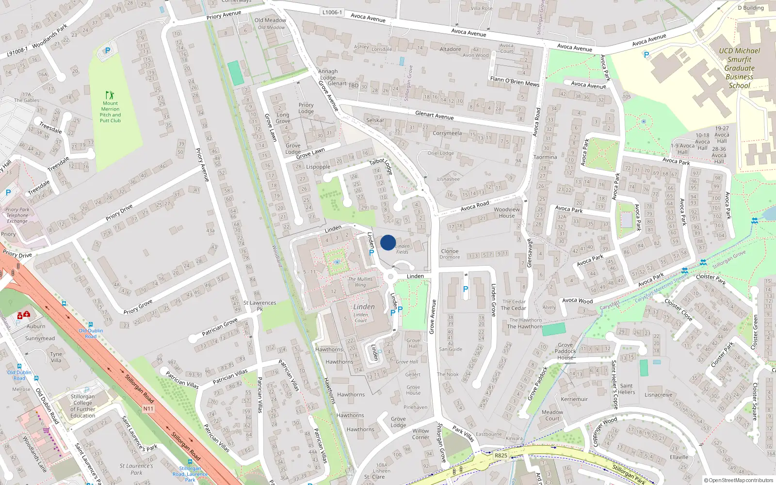 Overhead map showing the location of 2 Linden Fields, Grove Avenue, Blackrock