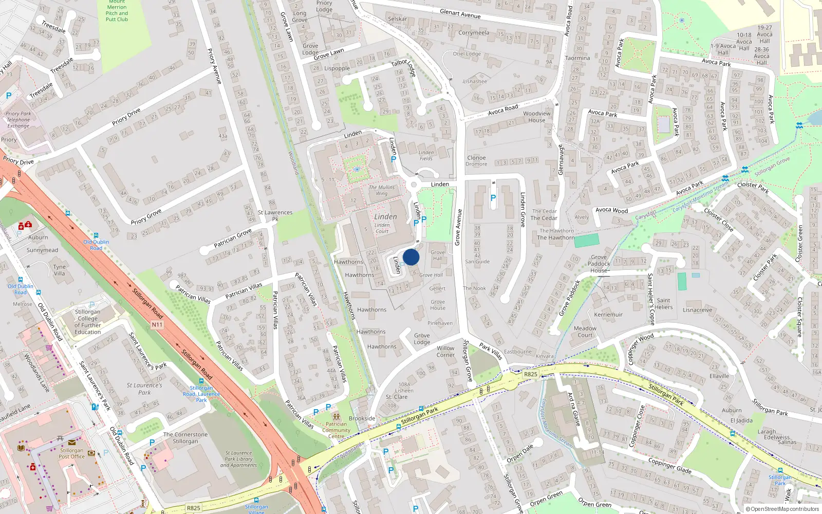 Overhead map showing the location of 2 Linden Place, Grove Avenue, Blackrock