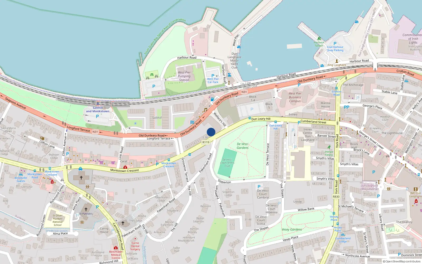 Overhead map showing the location of 2A Longford Place, Blackrock