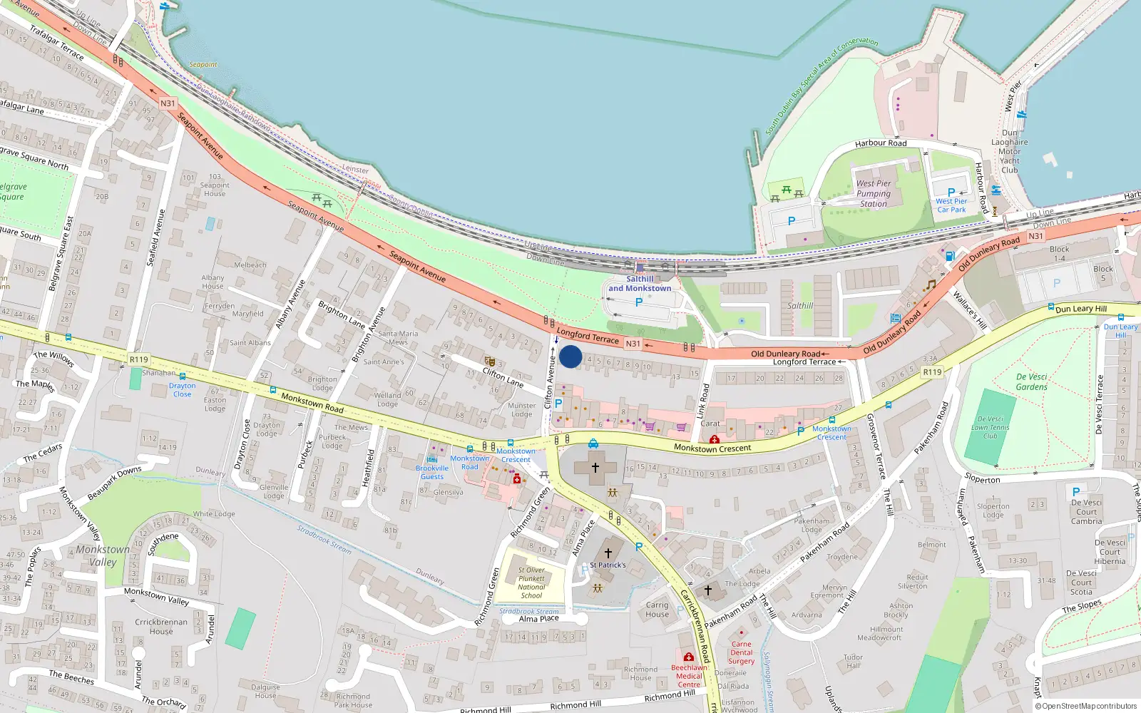 Overhead map showing the location of 2 Longford Terrace, Monkstown