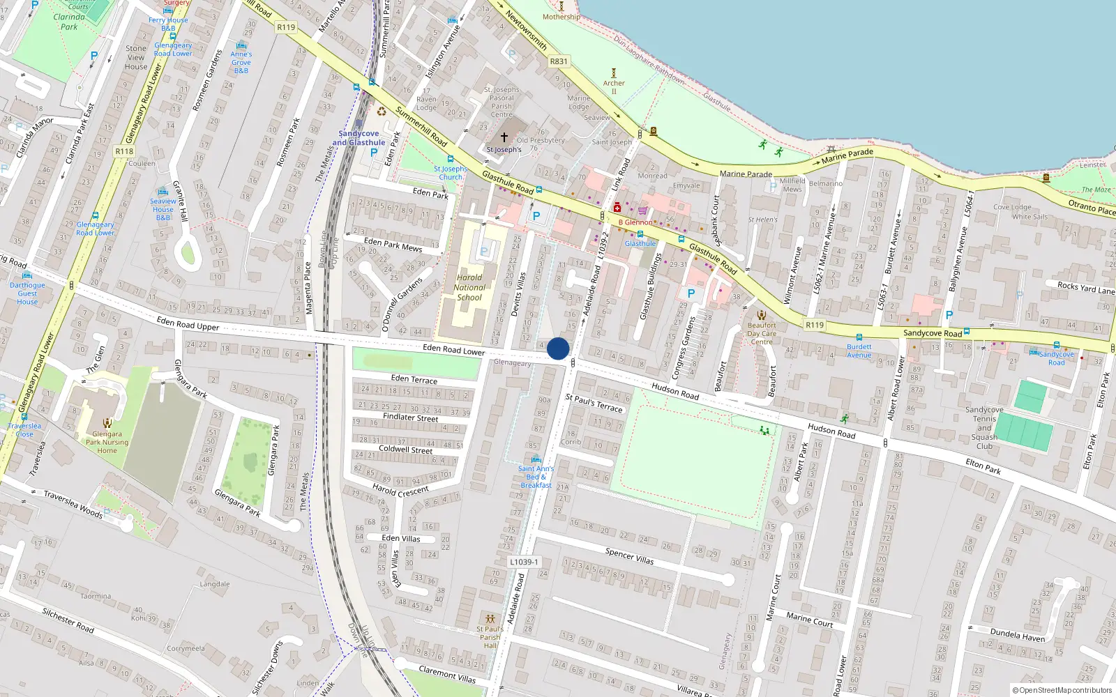 Overhead map showing the location of 2 Lower Eden Road, Glasthule, Dun Laoghaire