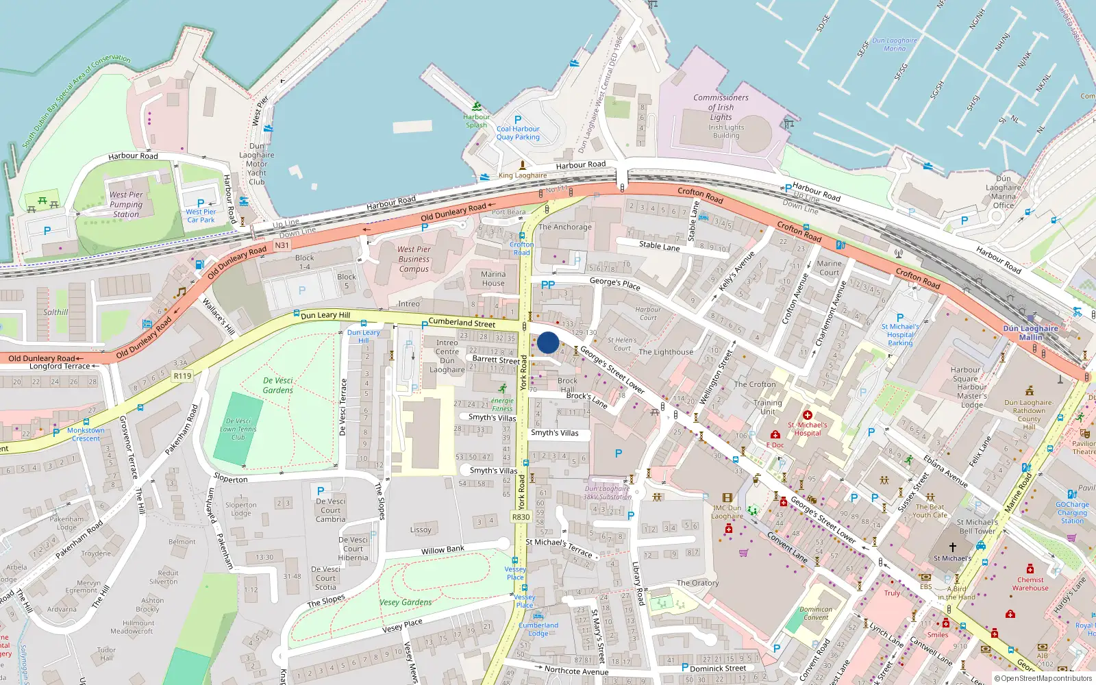 Overhead map showing the location of 2 George's Street Lower, Dublin