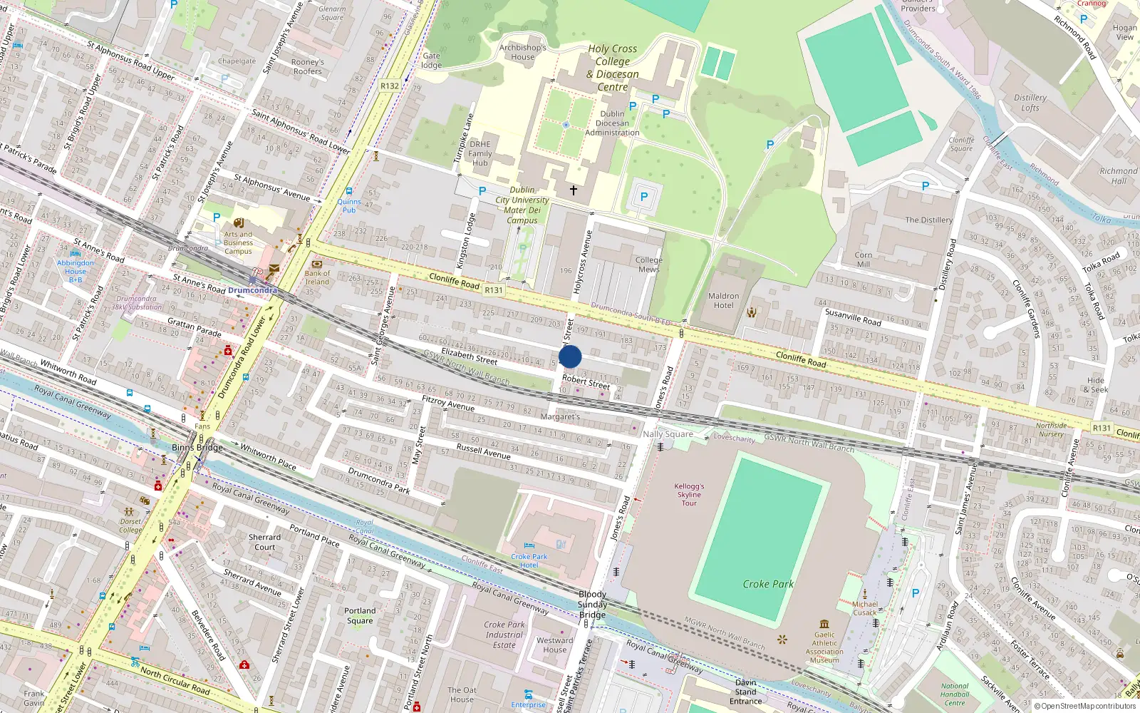Overhead map showing the location of 2 Mabel St, Clonliffe Road Drumcondra, Dublin 3