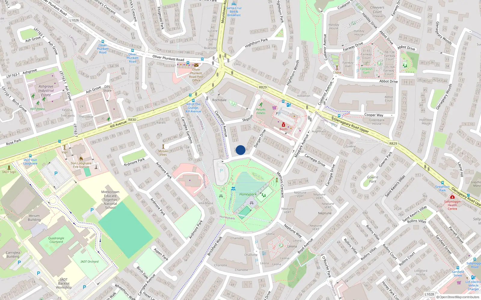 Overhead map showing the location of 2 Marconi Crescent, Dun-Laoghaire