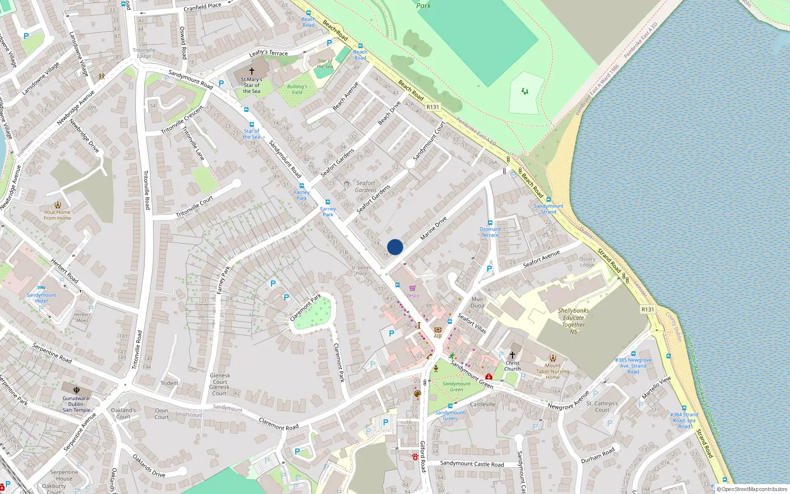 Overhead map showing the location of 2 Marine Drive, Sandymount