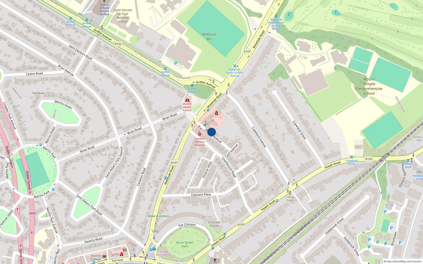 Overhead map showing the location of 2 Marino Avenue, Malahide Road, Dublin 3