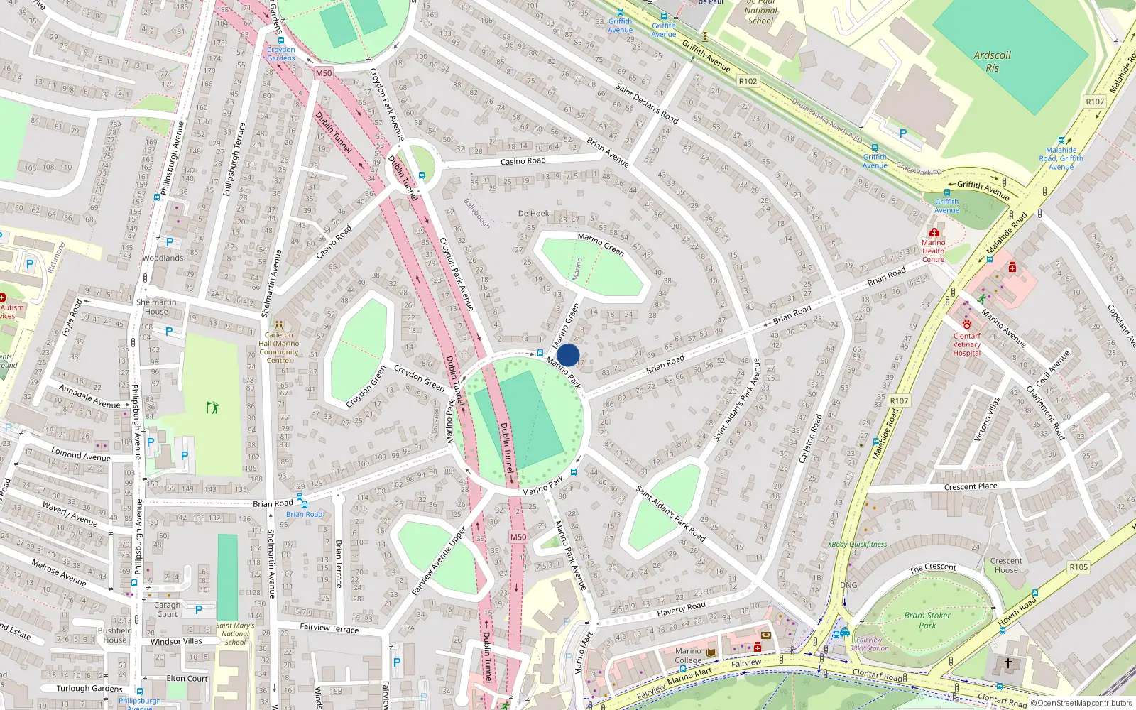 Overhead map showing the location of 2 Marino Green, Dublin 3