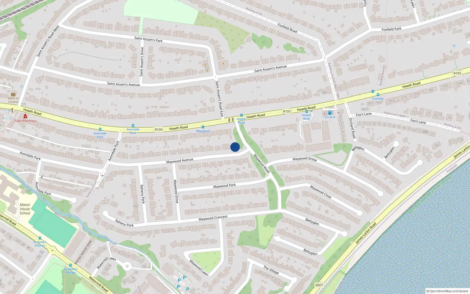 Overhead map showing the location of 2 Maywood Avenue, Howth Road, Raheny Dublin 5