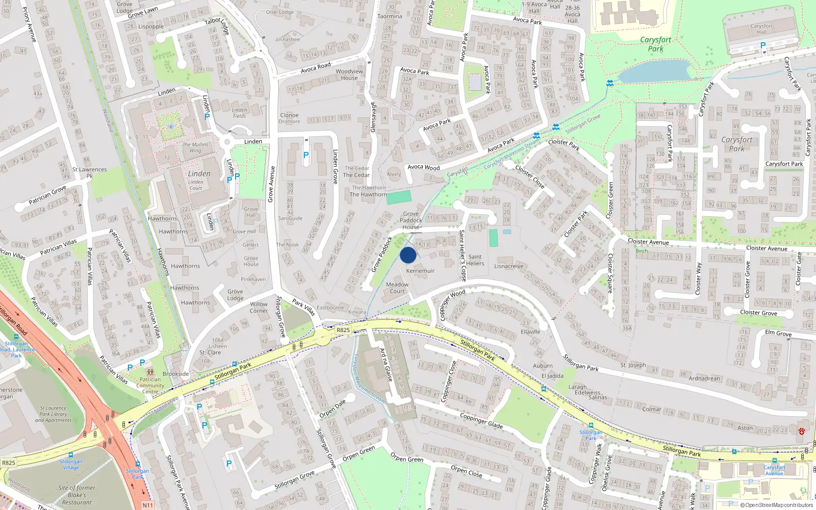 Overhead map showing the location of 2 Meadowcourt, Stillorgan Park, Blackrock
