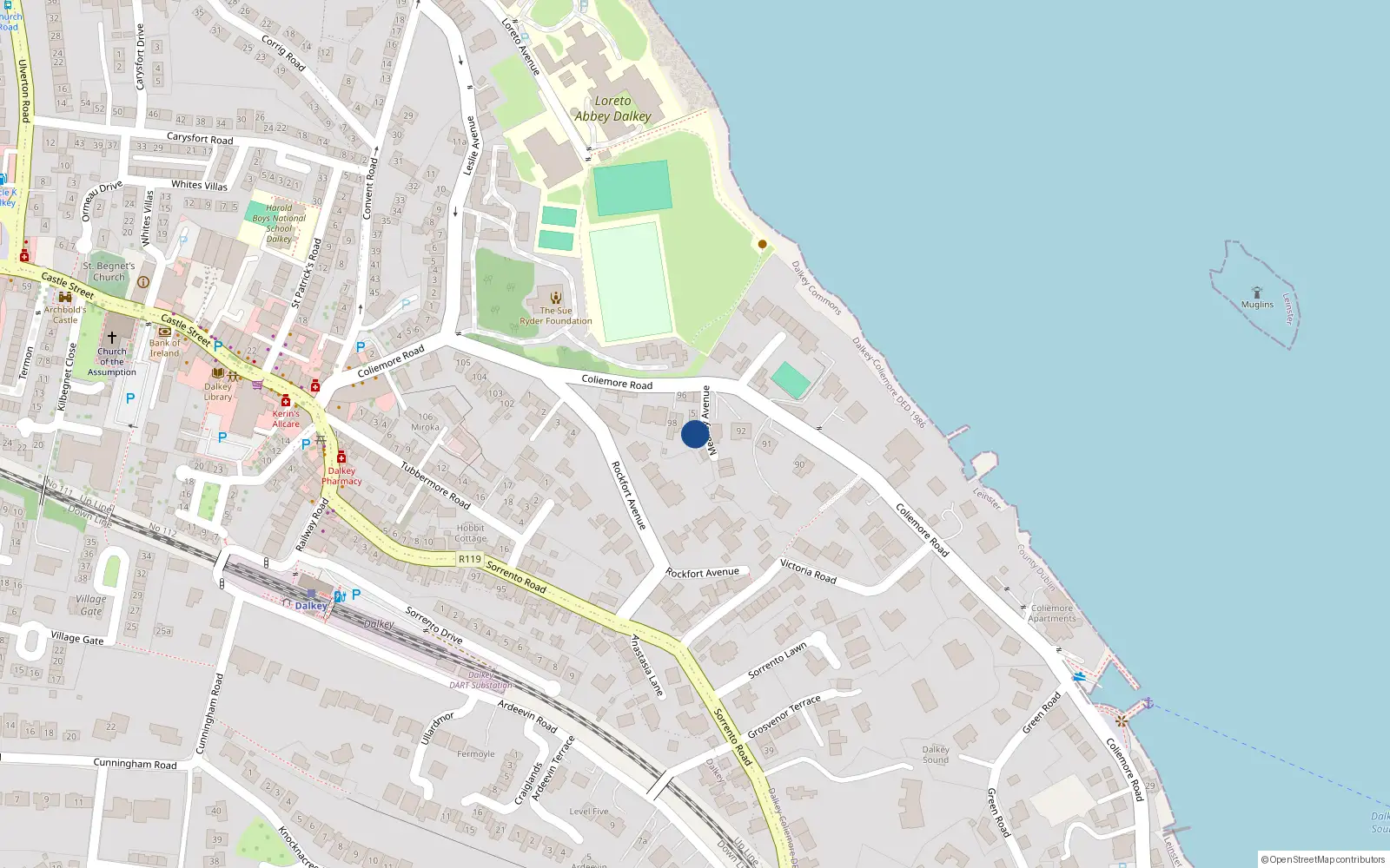 Overhead map showing the location of 2 Meany Avenue, Dalkey, Dublin