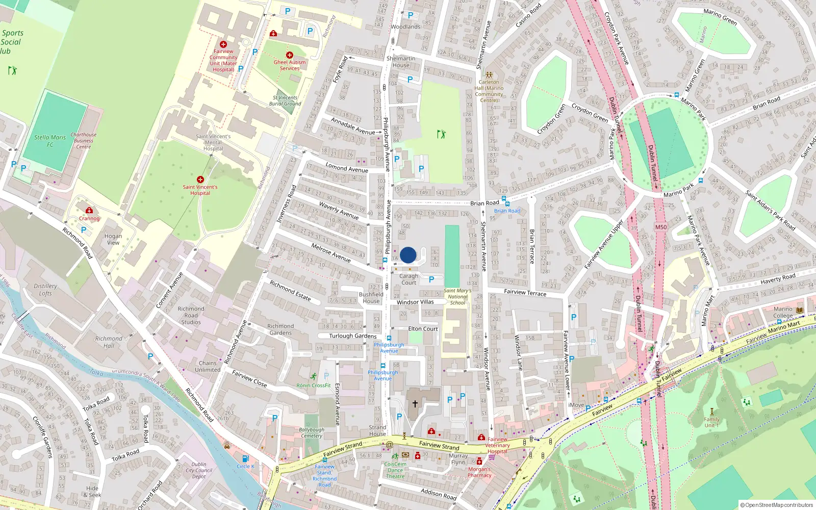 Overhead map showing the location of 2 Melrose Court, Fairview, Dublin 3