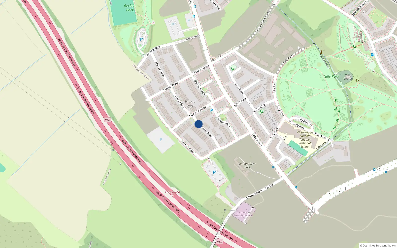 Overhead map showing the location of 2 Mercer Glen, Laughanstown