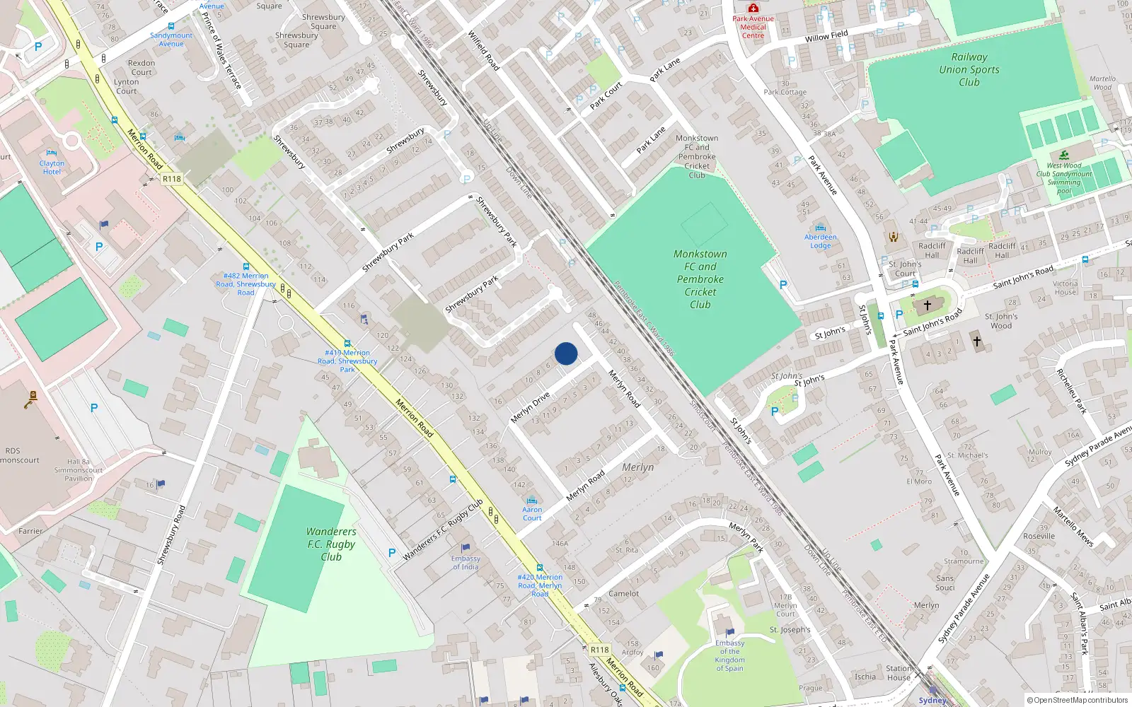 Overhead map showing the location of 2 Merlyn Drive, Ballsbridge