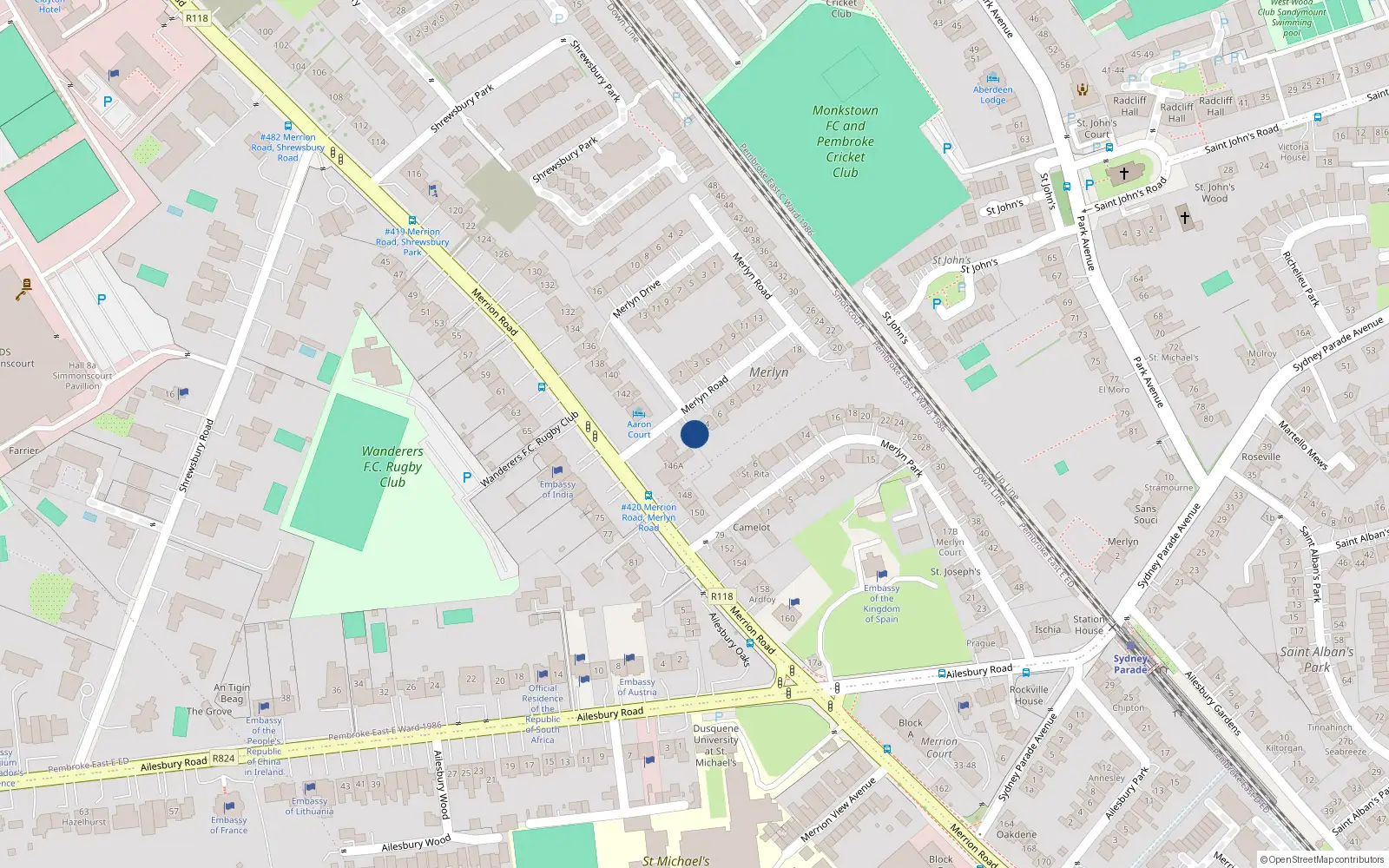 Overhead map showing the location of 2 Merlyn Road, Ballsbridge
