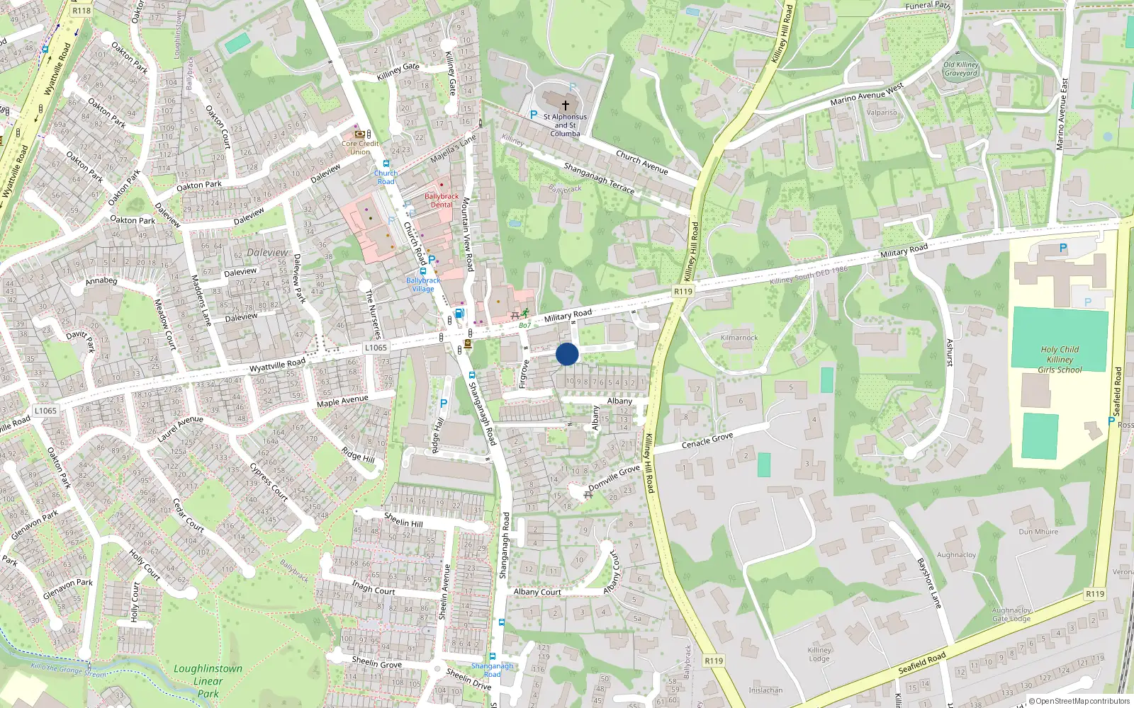 Overhead map showing the location of 2 Millitary Close, Killiney, Co. Dublin