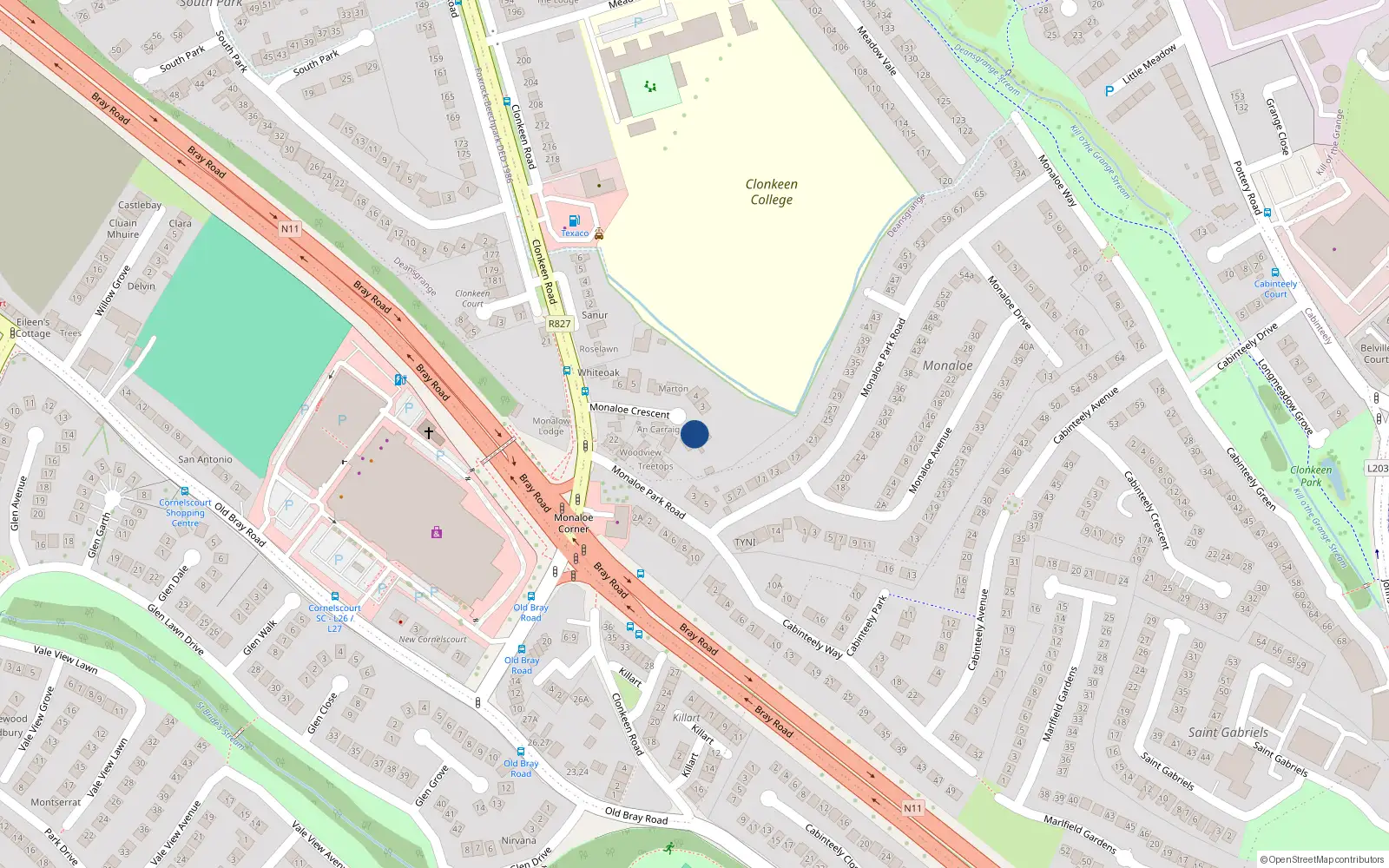 Overhead map showing the location of 2 Monaloe Crescent, Clonkeen Road, Blackrock