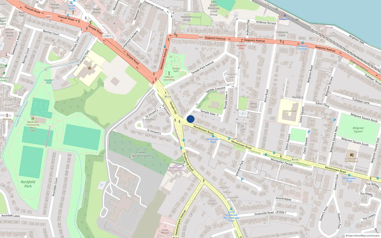 Overhead map showing the location of 2 Monkstown Road, Blackrock, Dublin