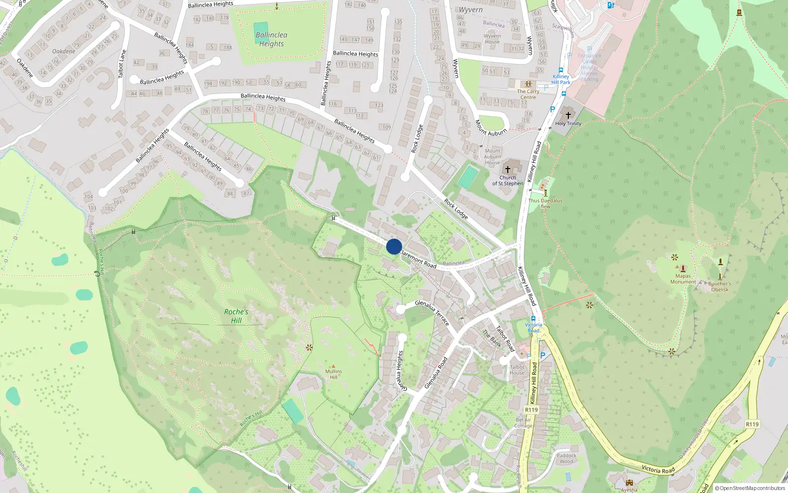 Overhead map showing the location of 2 Claremont Road, Killiney