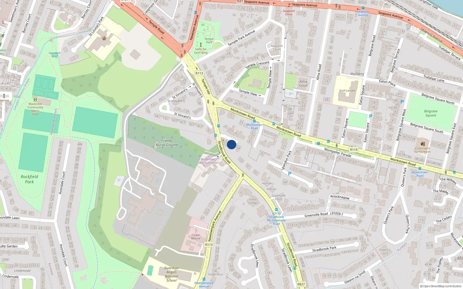 Overhead map showing the location of 2 Montpelier Place, Monkstown