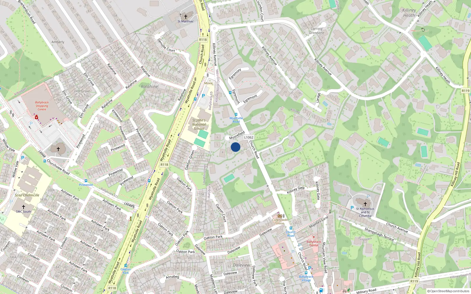 Overhead map showing the location of 2 Moorefield, Church Road, Ballybrack