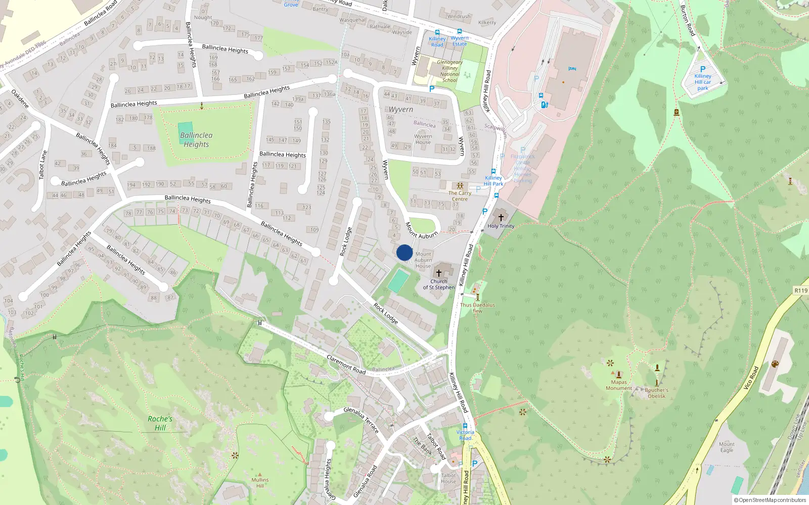 Overhead map showing the location of 2 Mount Auburn, Dalkey