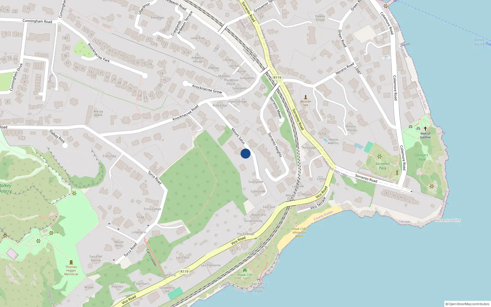 Overhead map showing the location of 2 Mount Salus Road, Dalkey