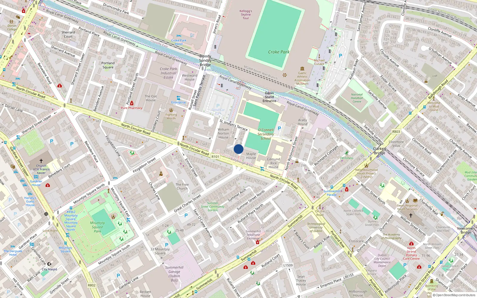 Overhead map showing the location of 2 Mountjoy Parade, Dublin 1