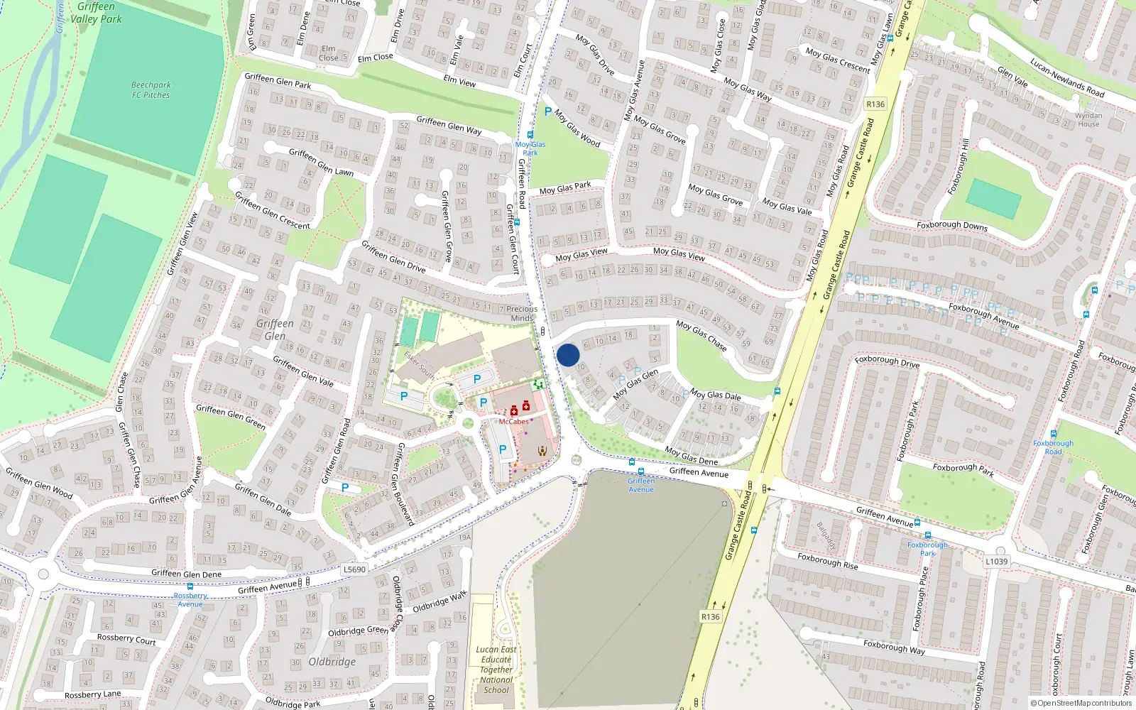 Overhead map showing the location of 2 Moy Glas Chase, Lucan, Dublin