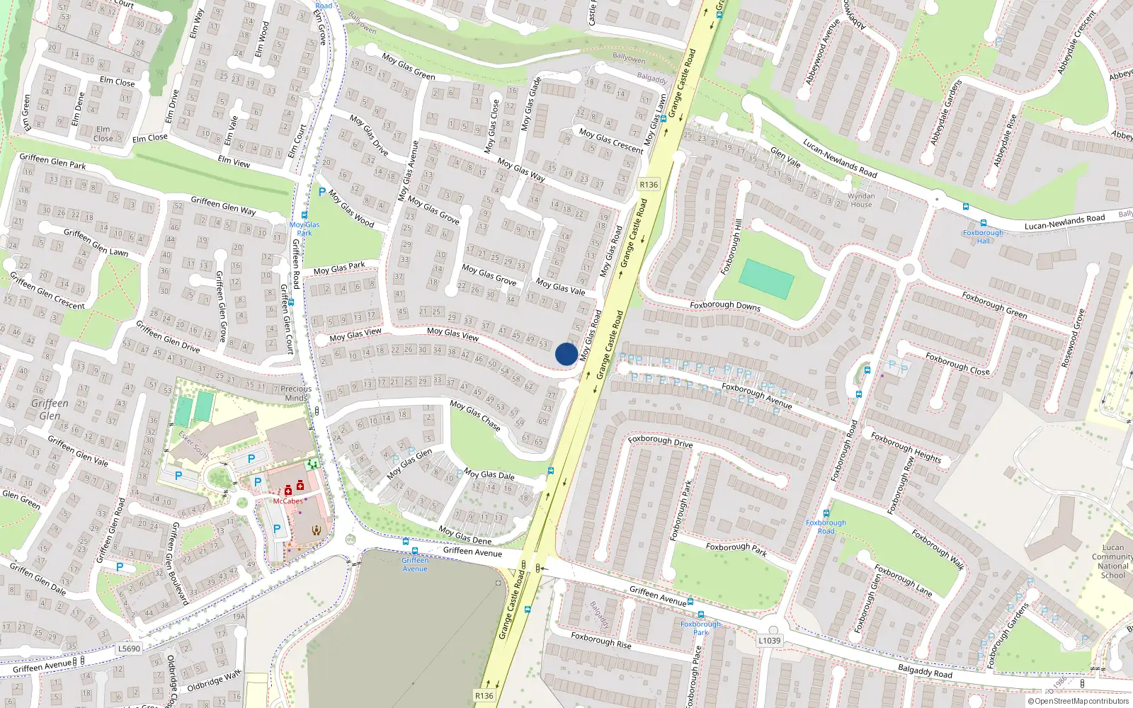 Overhead map showing the location of 2 Moy Glas Road, Griffeen Valley, Lucan