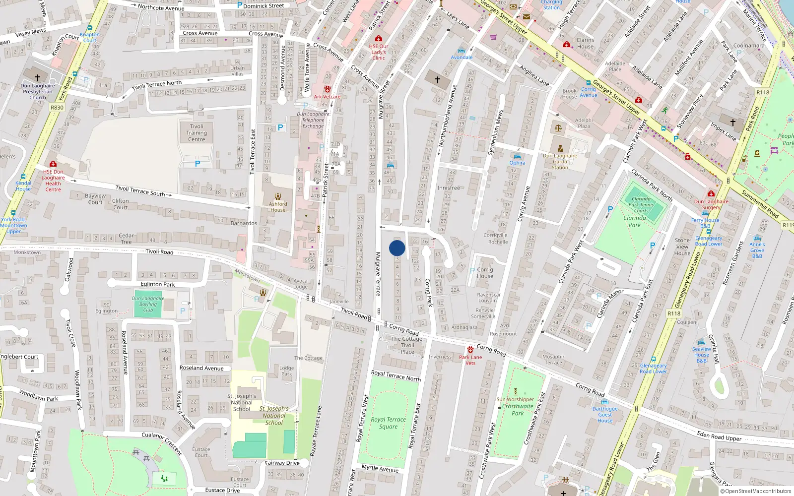 Overhead map showing the location of 2 Mugrave Street, Dun Laoghaire