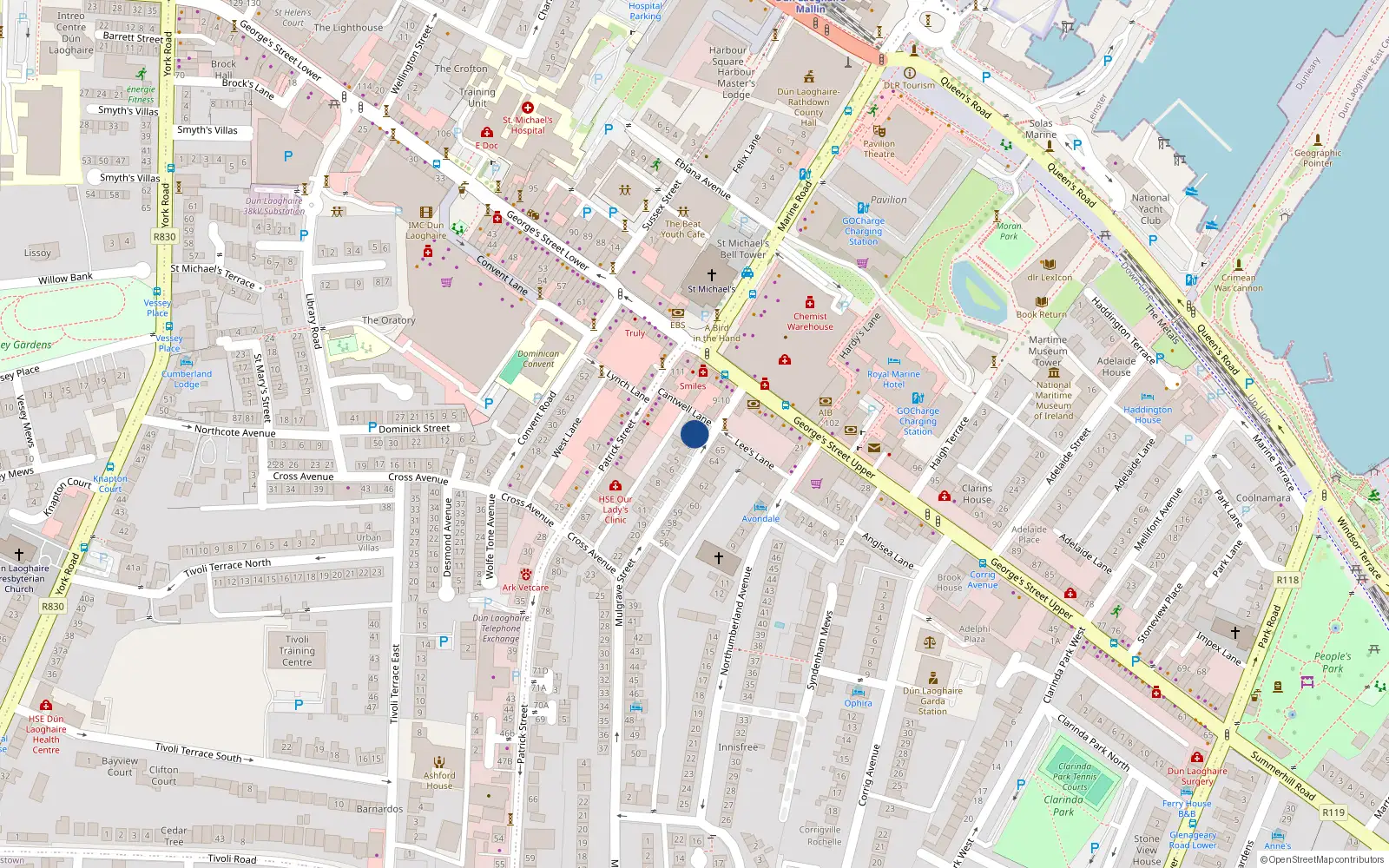 Overhead map showing the location of 2 Mulgrave St, Dun Laoghaire, Dublin
