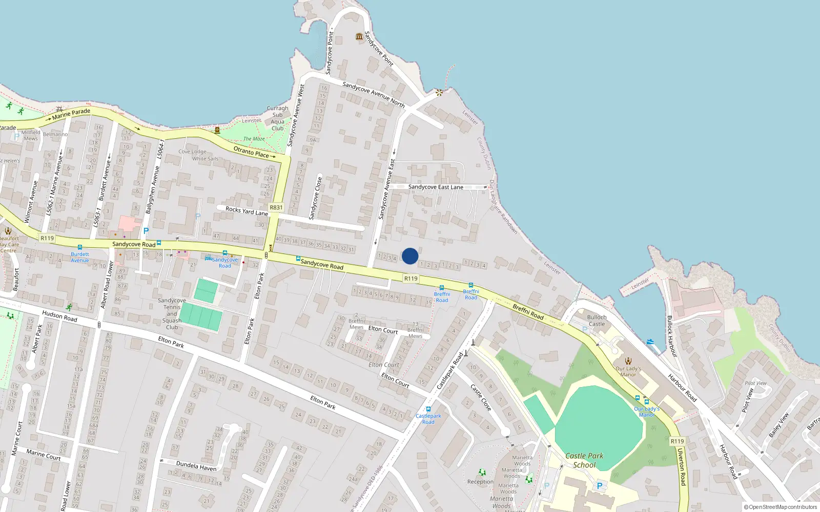 Overhead map showing the location of 2 Munster Terrace, 3 Breffni Road, Sandycove