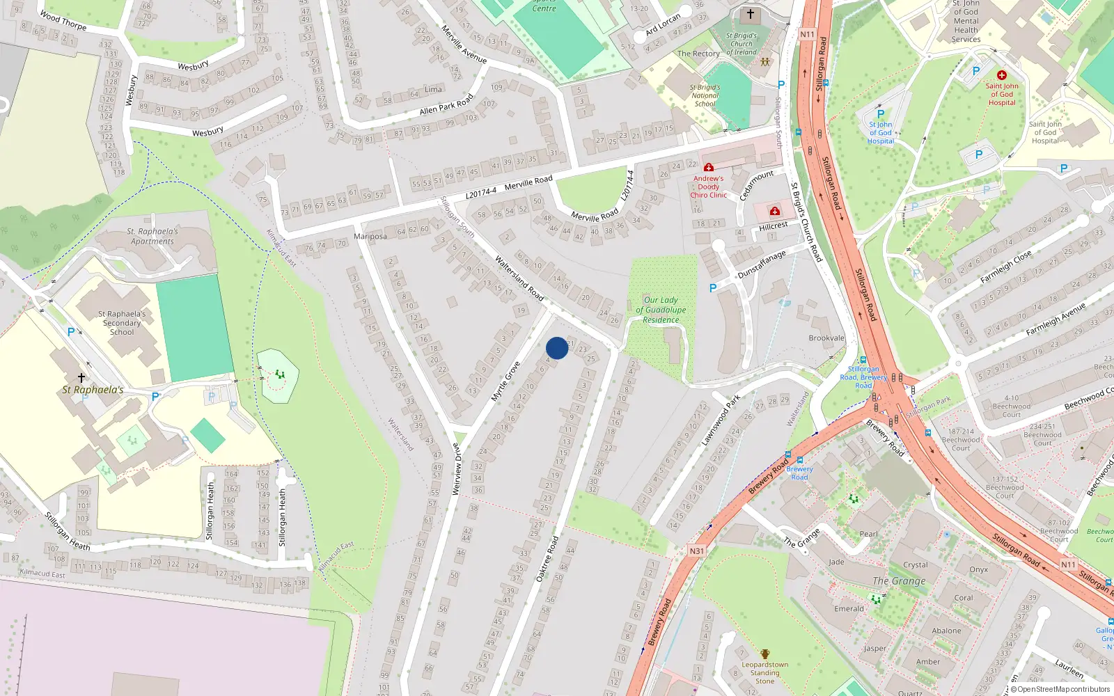 Overhead map showing the location of 2 Myrtle Grove, Dublin