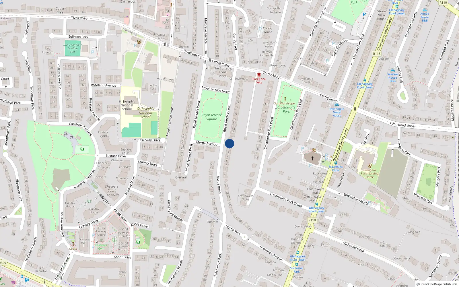Overhead map showing the location of 2 Myrtle Park, Co Dublin