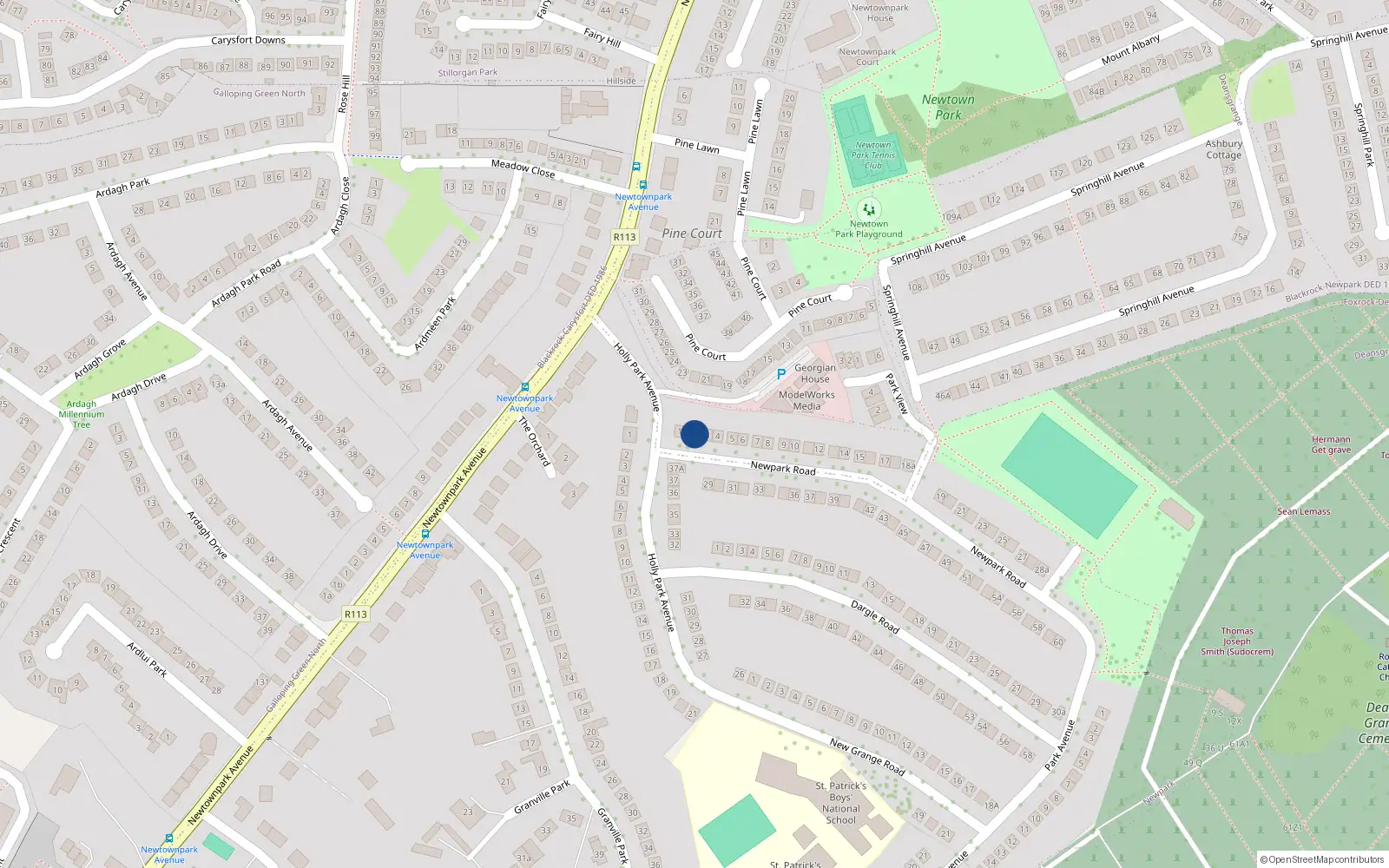 Overhead map showing the location of 2 New Park Road, Hollypark, Blackrock