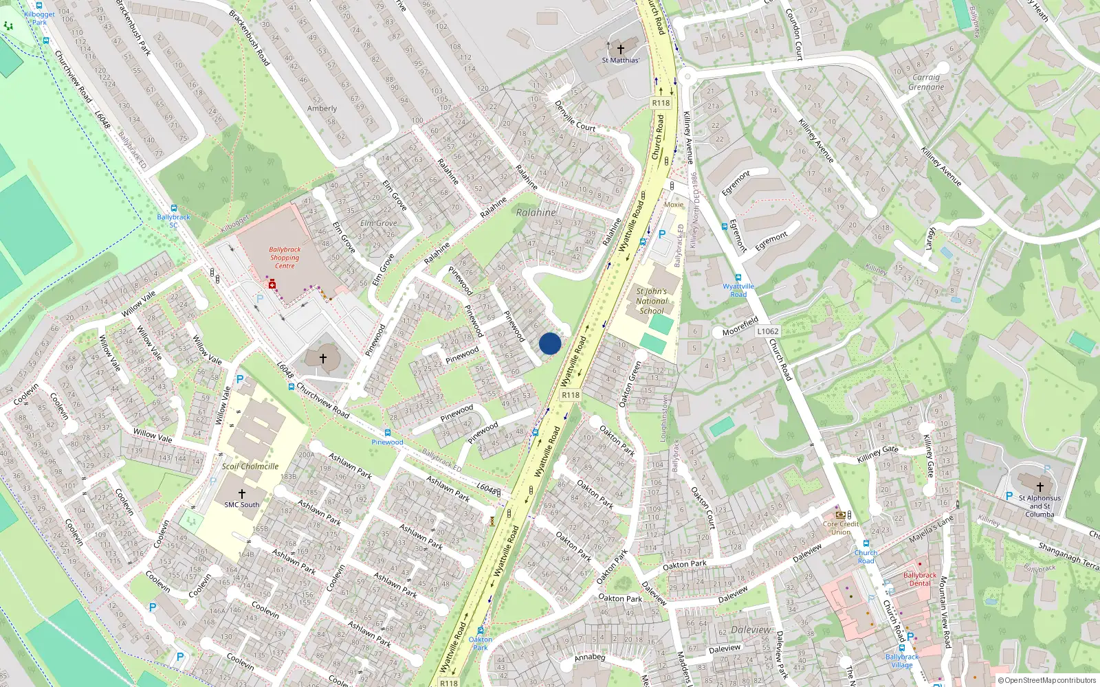 Overhead map showing the location of 2 Oakton Drive, Killiney, Dublin