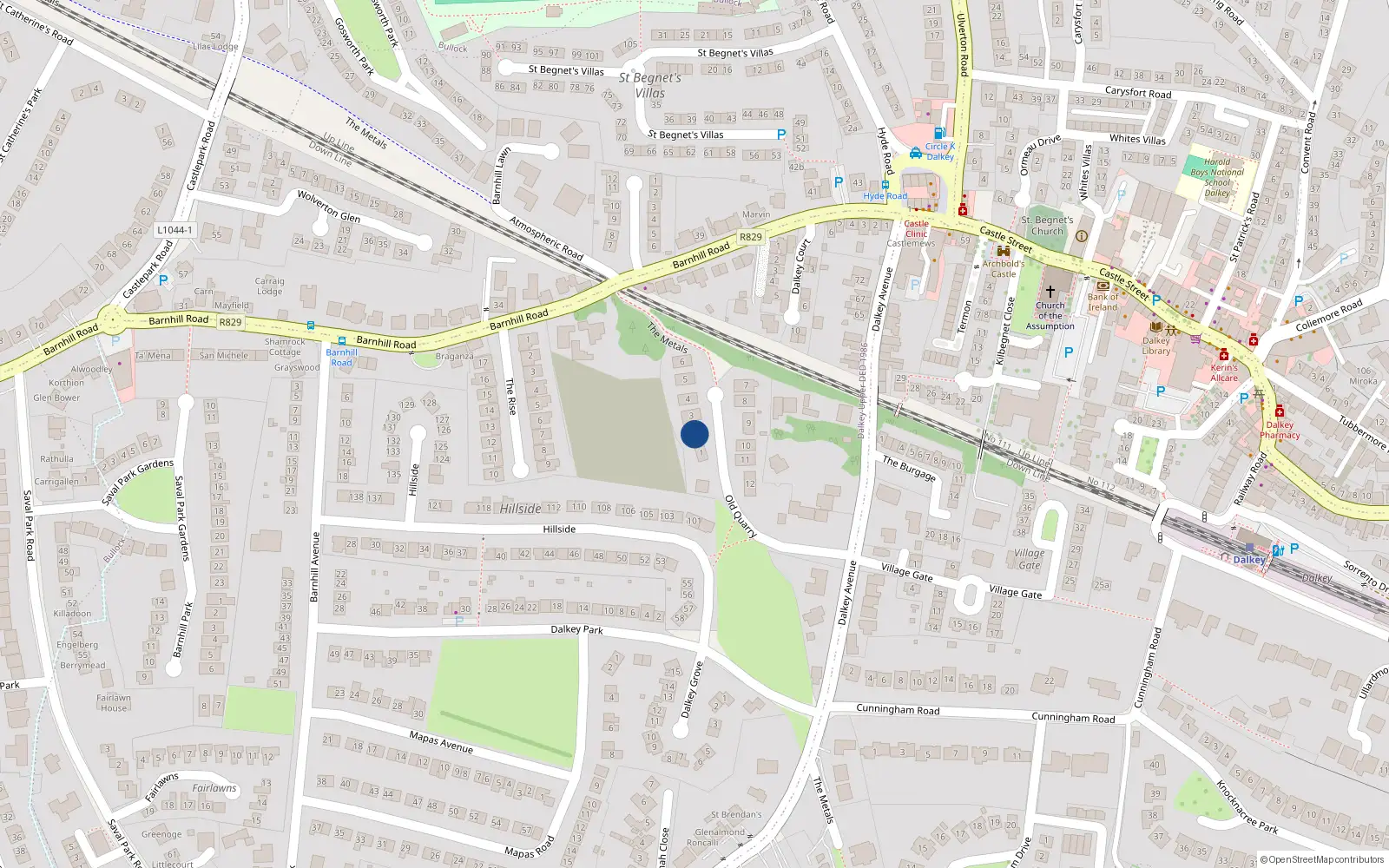 Overhead map showing the location of 2 Old Quarry, Dalkey Avenue, Dalkey