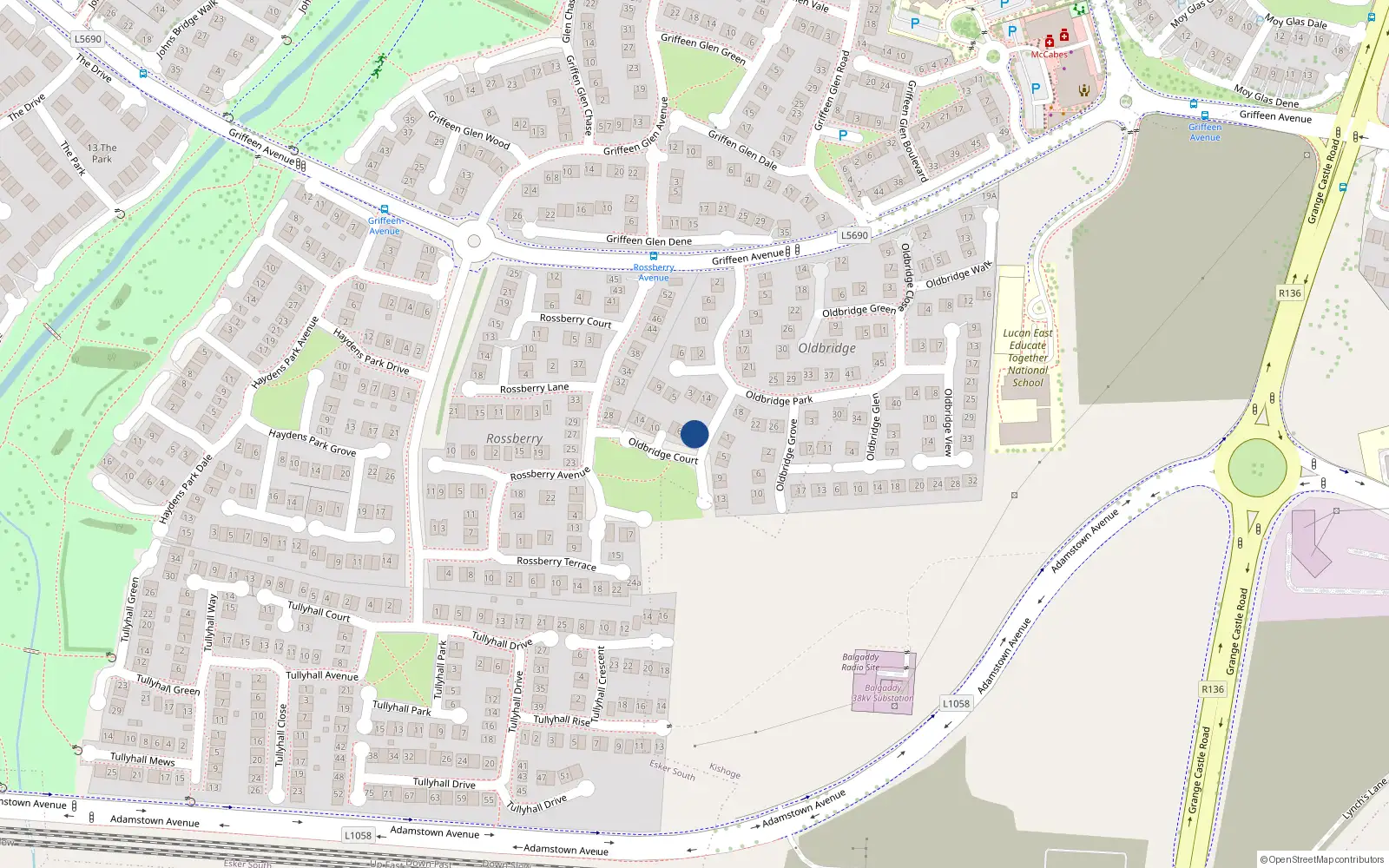 Overhead map showing the location of 2 Oldbridge Court, Lucan, Dublin