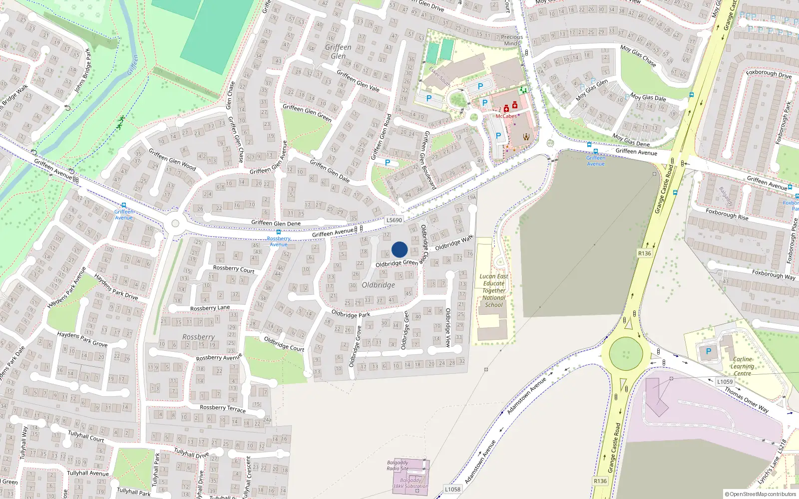 Overhead map showing the location of 2 Oldbrige Green, Griffeen Avenue, Lucan