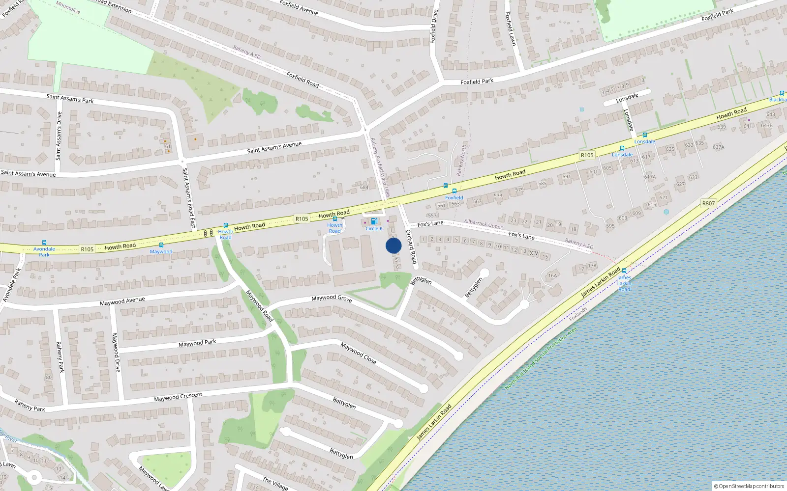 Overhead map showing the location of 2 Orchard Road, Dublin 5