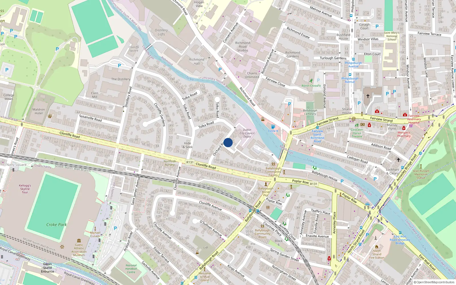 Overhead map showing the location of 2 Orchard Road, Clonliffe Road, Dublin 3